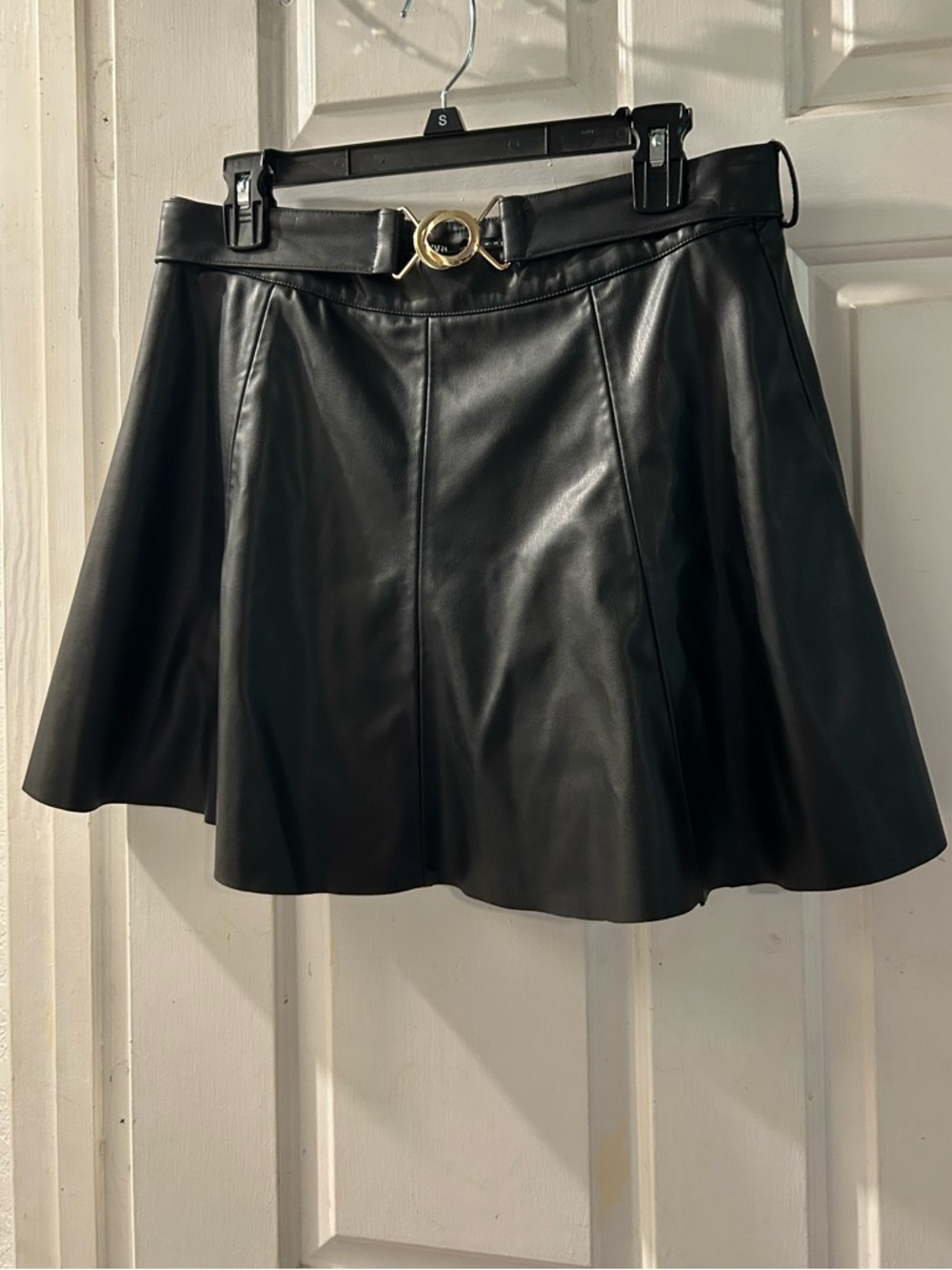 Zara Black Faux Leather Skater Skirt with Gold Ring Accent